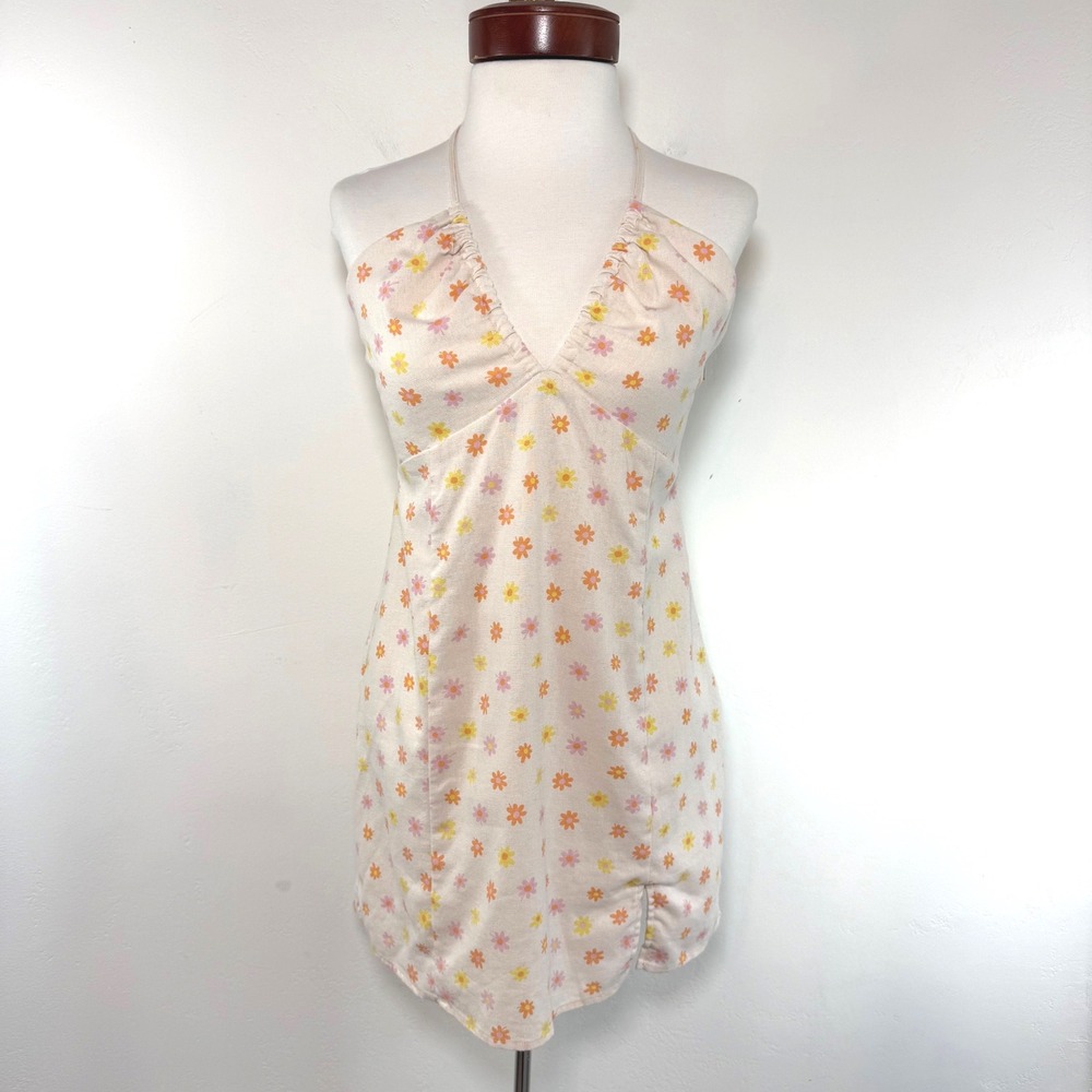 Elodie Linen Blend Halter Mini‎ Dress Cream Floral Retro Cottagecore Coquette S